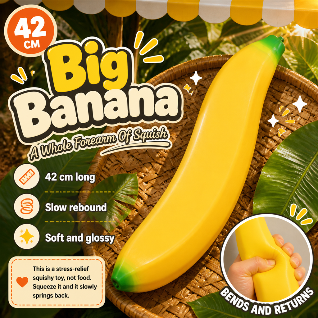 Big Banana Squishy poster - 42 cm slow-rebound banana squishy on a rattan tray with banana leaves