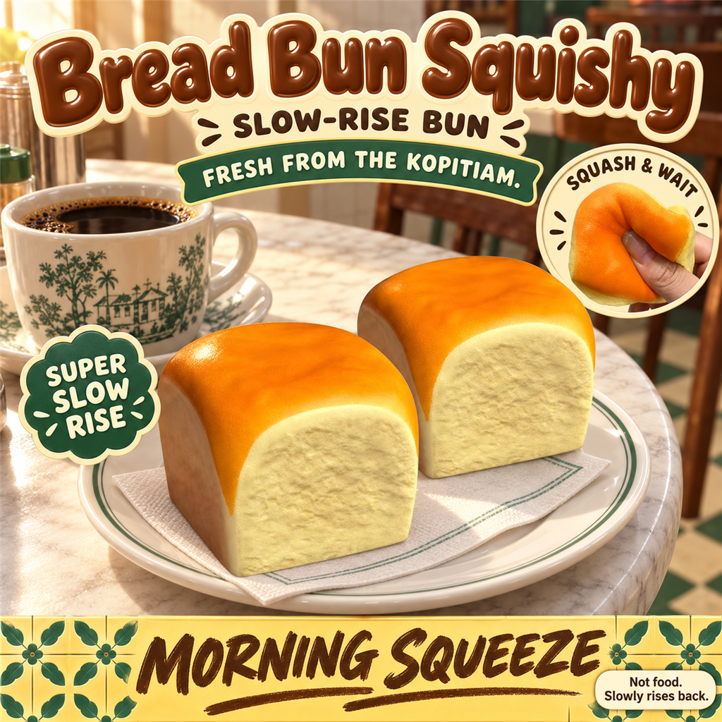 Bread Bun Squishy poster - slow-rise golden bread bun squishy on a kopitiam breakfast table with a cup of kopi