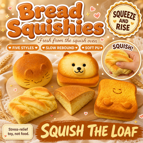 Bread Squishies poster - five slow-rebound bakery squishies including cat bun and bear toast