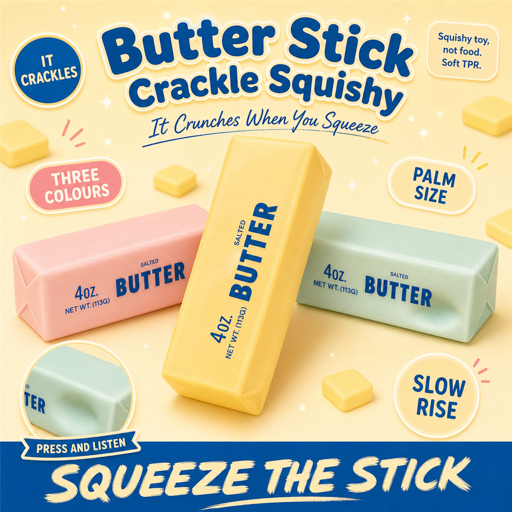 Butter Stick Crackle Squishy in butter yellow, strawberry pink and mint green