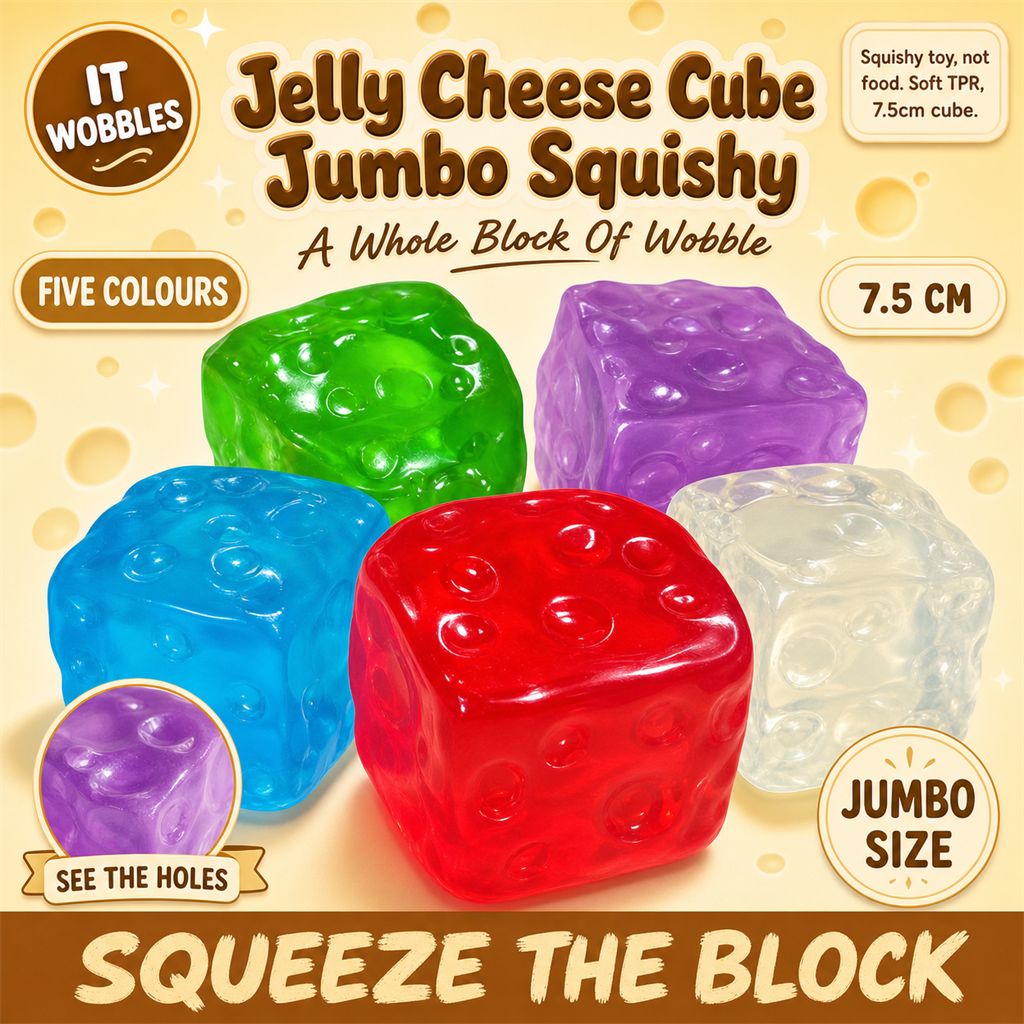 Transparent jelly cheese cube squishy, 7.5cm, in clear, red, blue, green and purple - S&S Village