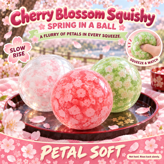 Cherry Blossom Squishy poster - red, clear and mint green stress balls filled with cherry blossom petals on a spring picnic tray