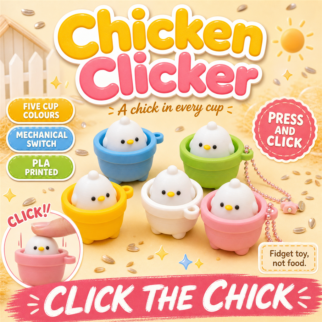Chicken Clicker poster - 3D-printed chick egg-cup clickers in five colours