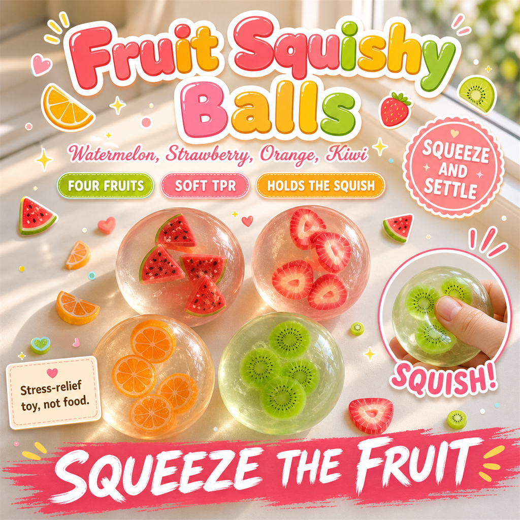 Fruit Squishy Balls poster - clear squishy balls with fruit slices inside