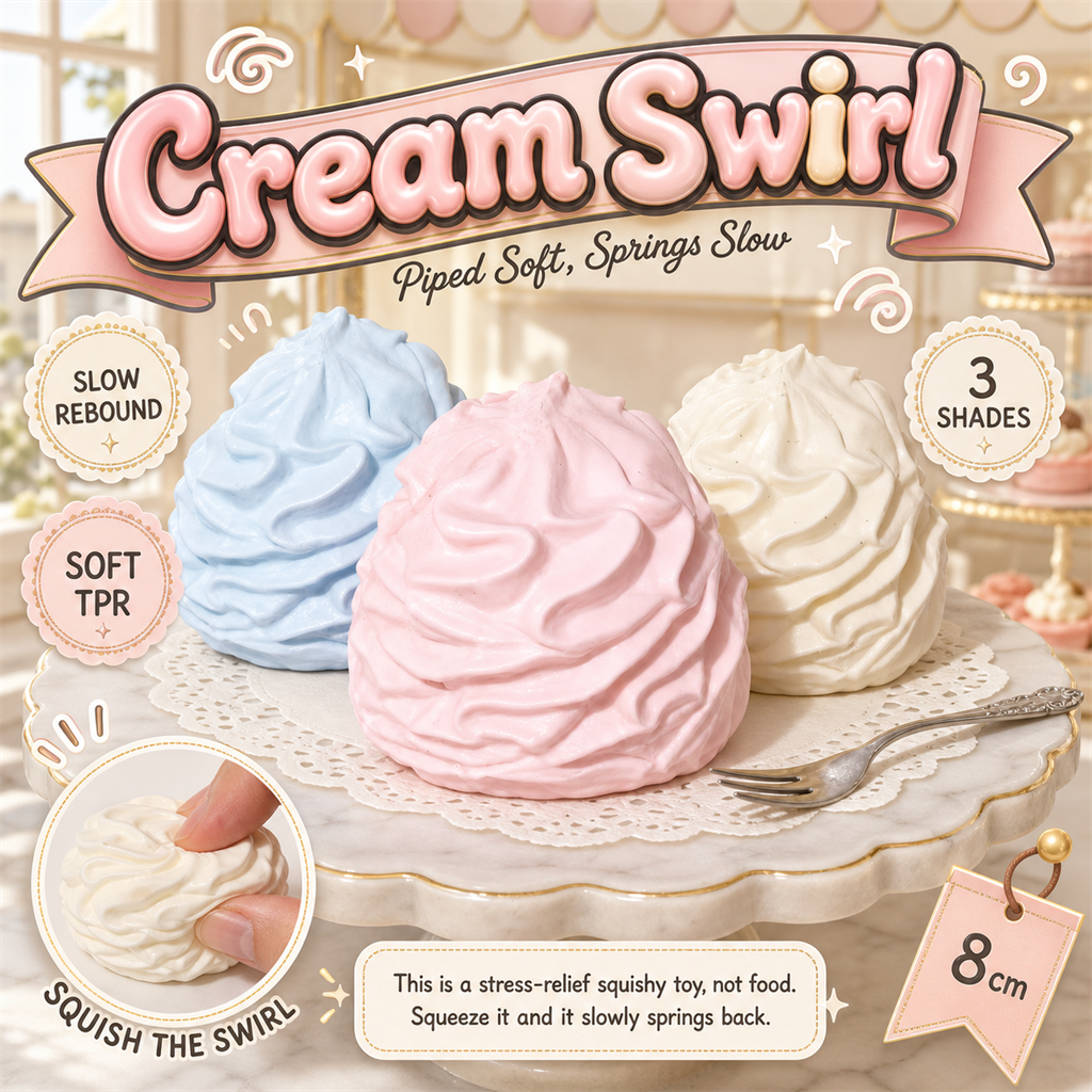 Cream Swirl Squishy poster - piped cream swirl slow-rebound squishy in pink, blue and vanilla on a marble cake stand