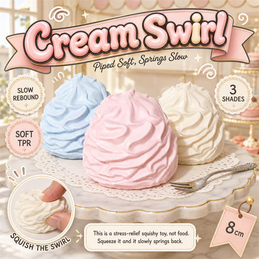 Cream Swirl Squishy poster - piped cream swirl slow-rebound squishy in pink, blue and vanilla on a marble cake stand
