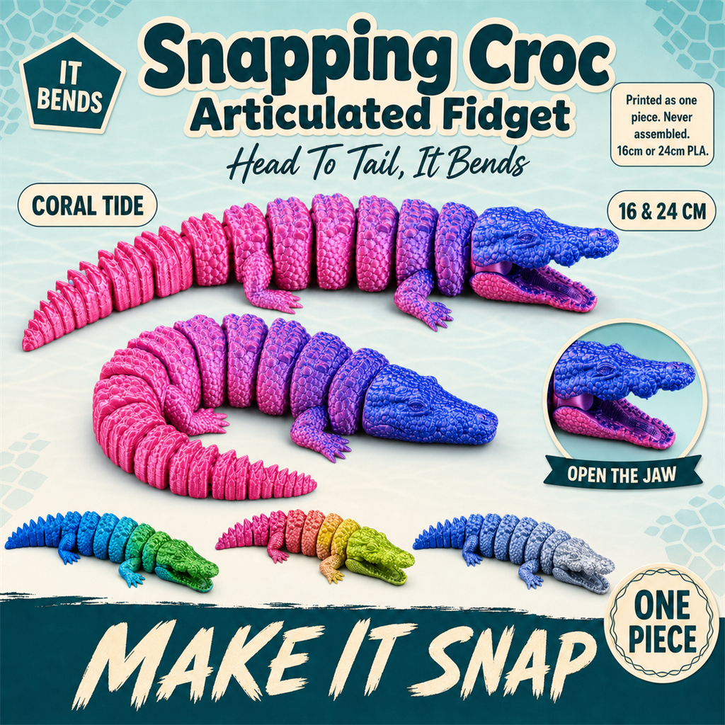 Snapping Croc 3D-printed articulated crocodile fidget in Coral Tide gradient - S&S Village