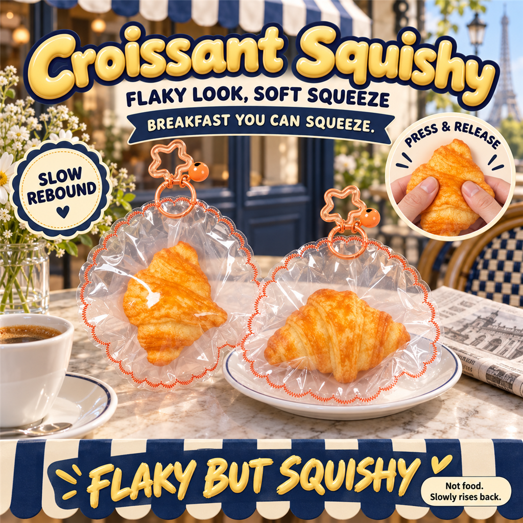Croissant Squishy poster - golden croissant squishies in clear frilly pouches on a Paris cafe table with an espresso