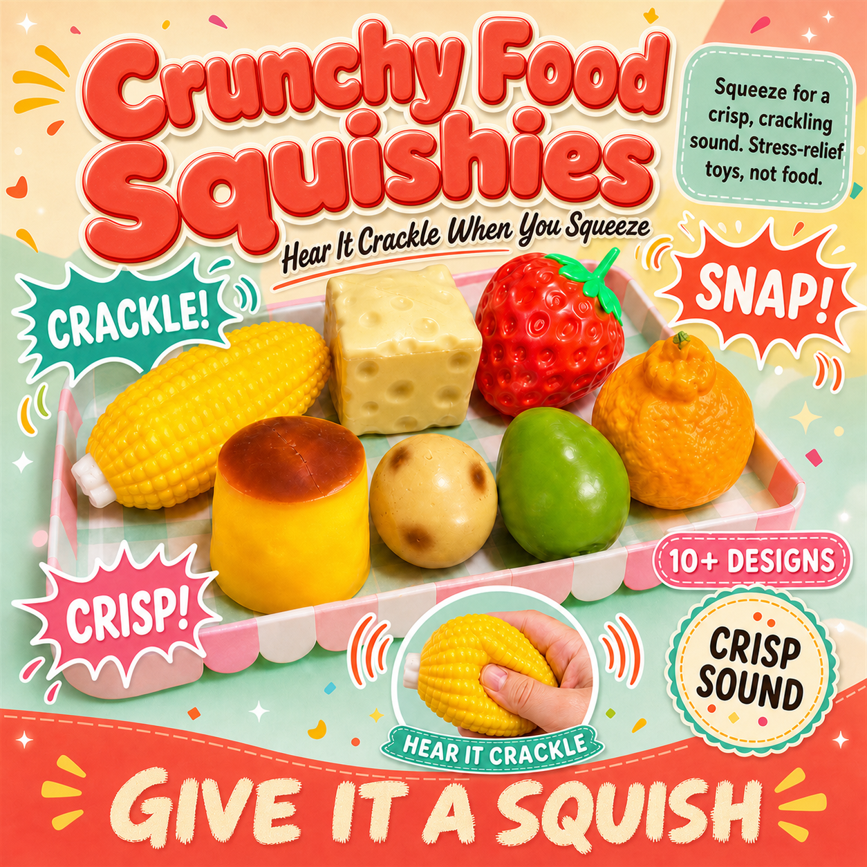 Crunchy Food Squishies poster - squishy food toys that crunch when squeezed