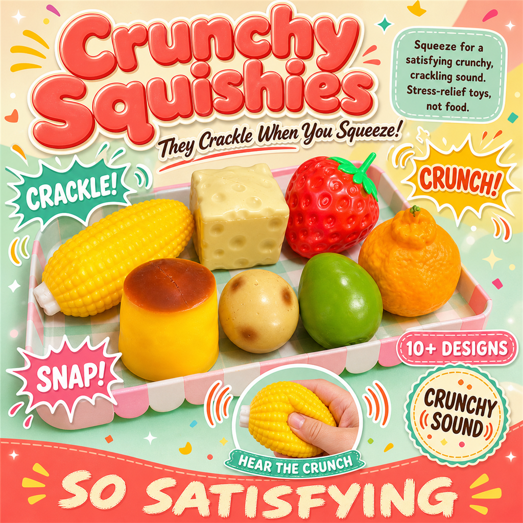Crunchy Squishies — food-shaped squishies that crackle when squeezed, S&S Village poster