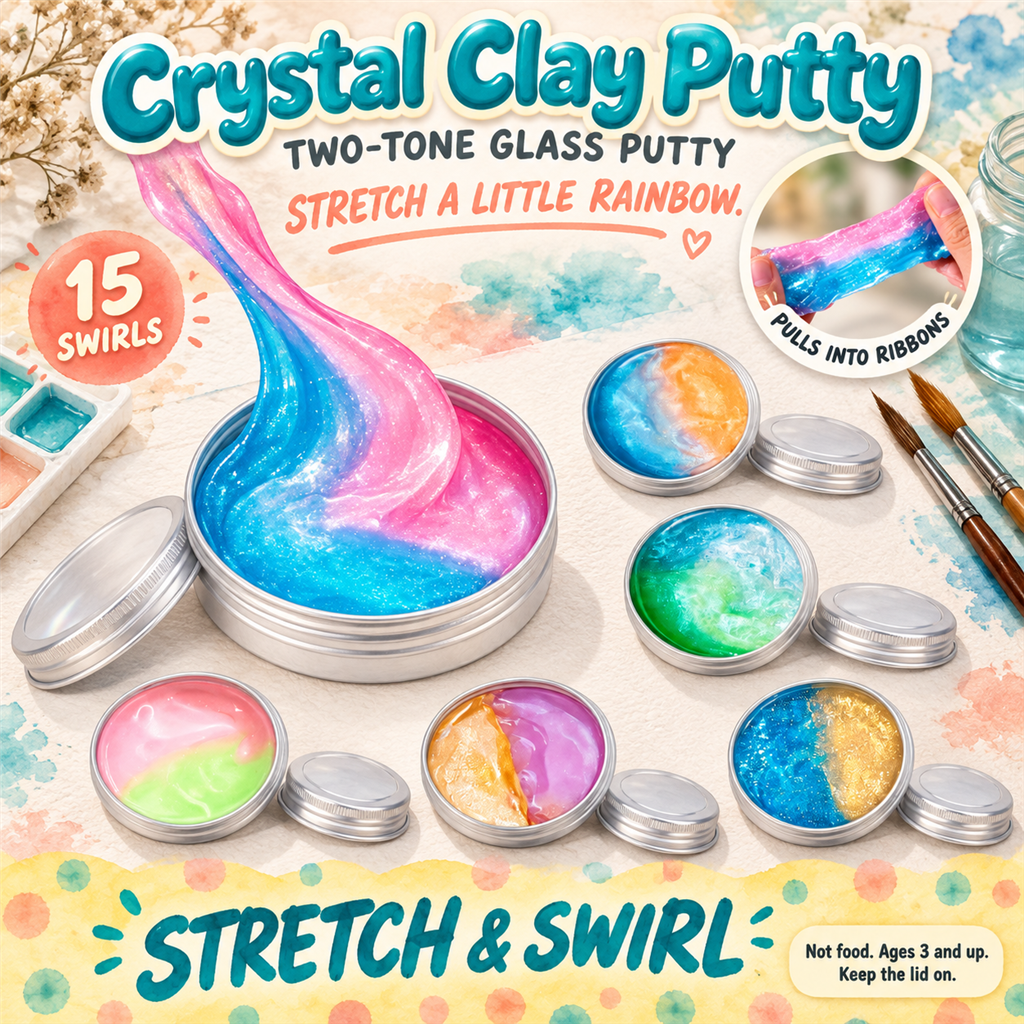 Crystal Clay Putty poster - glossy two-tone putty in round tins on a watercolour painter's desk