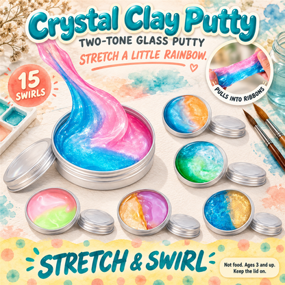 Crystal Clay Putty poster - glossy two-tone putty in round tins on a watercolour painter's desk