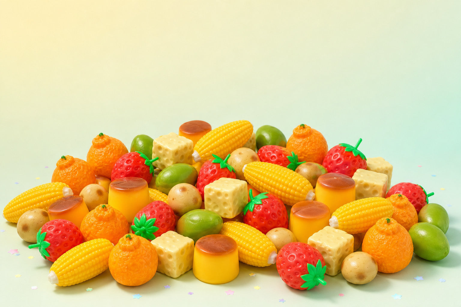 A heap of food-shaped squishy toys: corn cobs, strawberries, mandarins, cheese cubes, pudding cups and green olives.