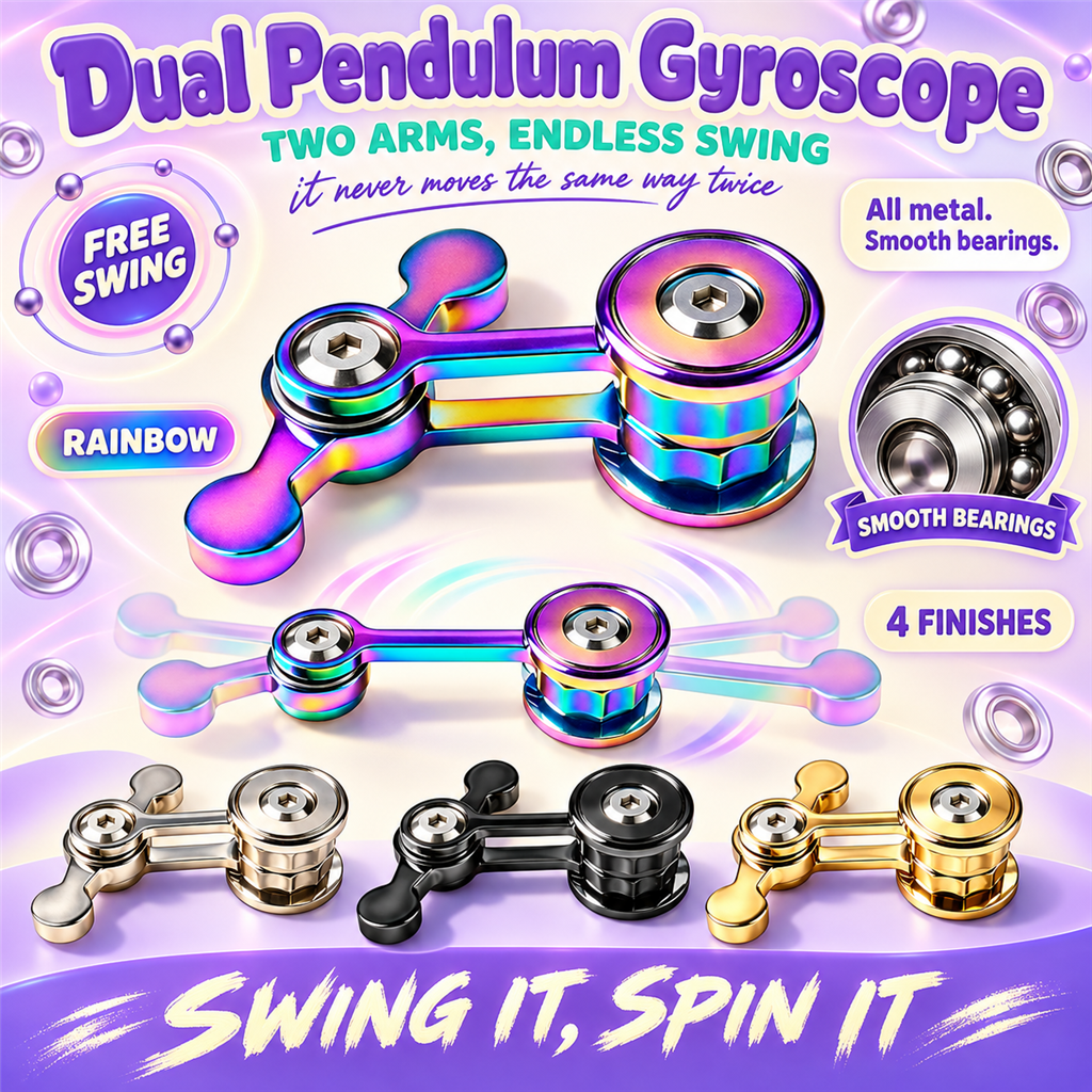 Dual Pendulum Gyroscope poster - all-metal two-arm fidget in rainbow, silver, black and gold finishes