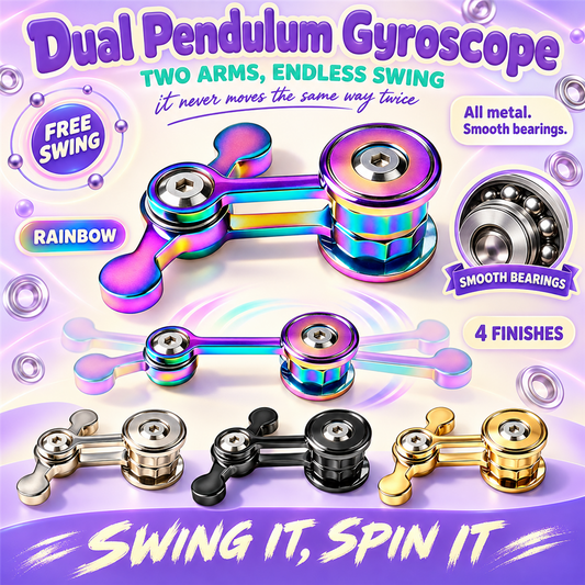 Dual Pendulum Gyroscope poster - all-metal two-arm fidget in rainbow, silver, black and gold finishes