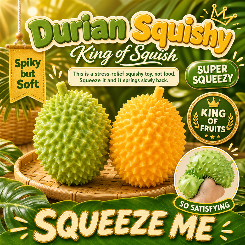Durian Squishy — spiky durian stress toy in green and gold, S&S Village poster