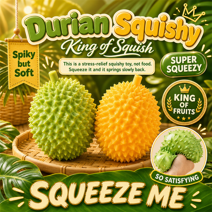 Durian Squishy — spiky durian stress toy in green and gold, S&S Village poster