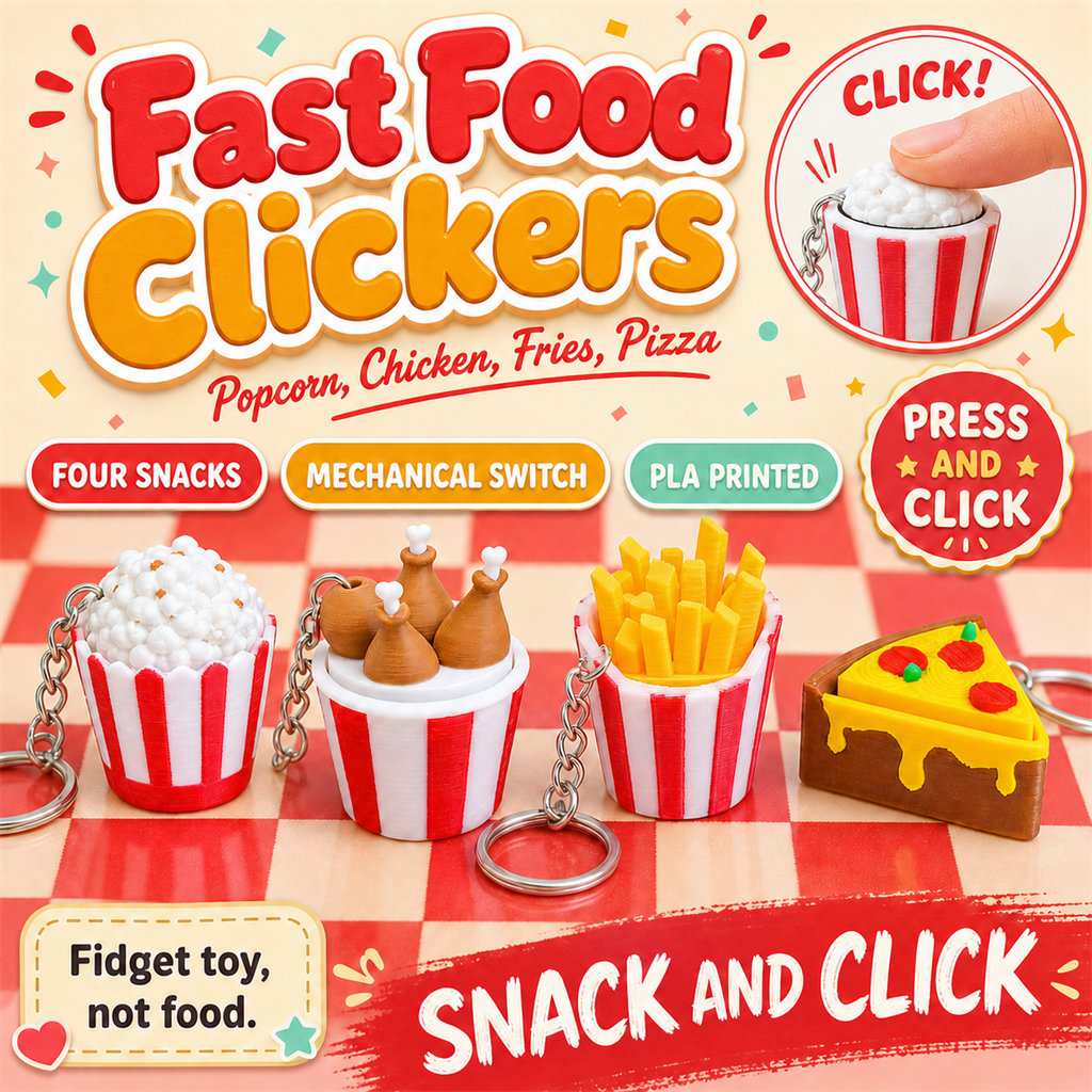 Fast Food Clickers poster - popcorn, fried chicken, fries and pizza clicker keychains