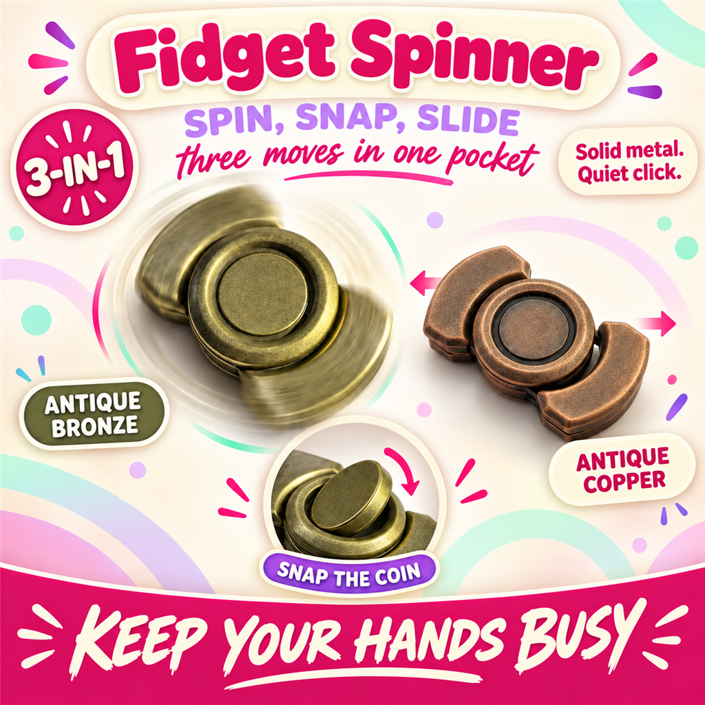 Fidget Spinner poster - 3-in-1 metal fidget in antique bronze and antique copper, spinning and sliding