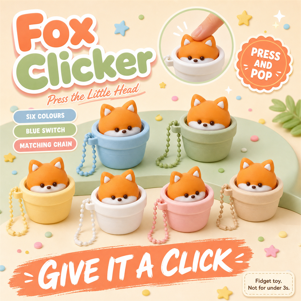 Fox Clicker poster - orange fox in a pot clicker keychain in six pot colours with matching ball chains