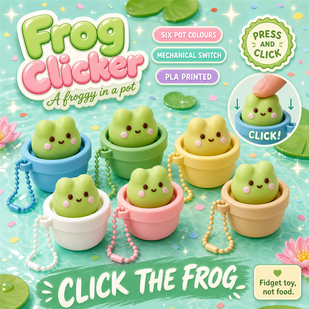 Frog Clicker poster - 3D-printed frog pot clickers in six colours