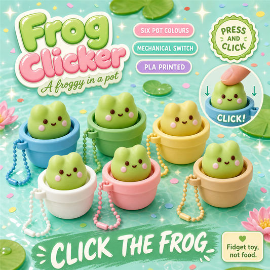 Frog Clicker poster - 3D-printed frog pot clickers in six colours