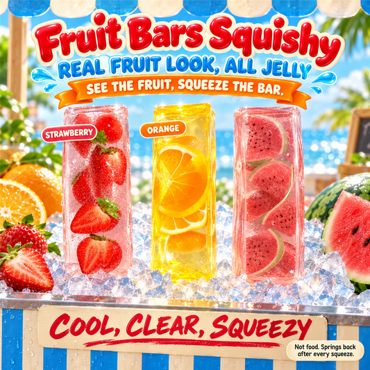 Fruit Bars Squishy poster - clear jelly bars with strawberry, orange and watermelon pieces inside standing in crushed ice