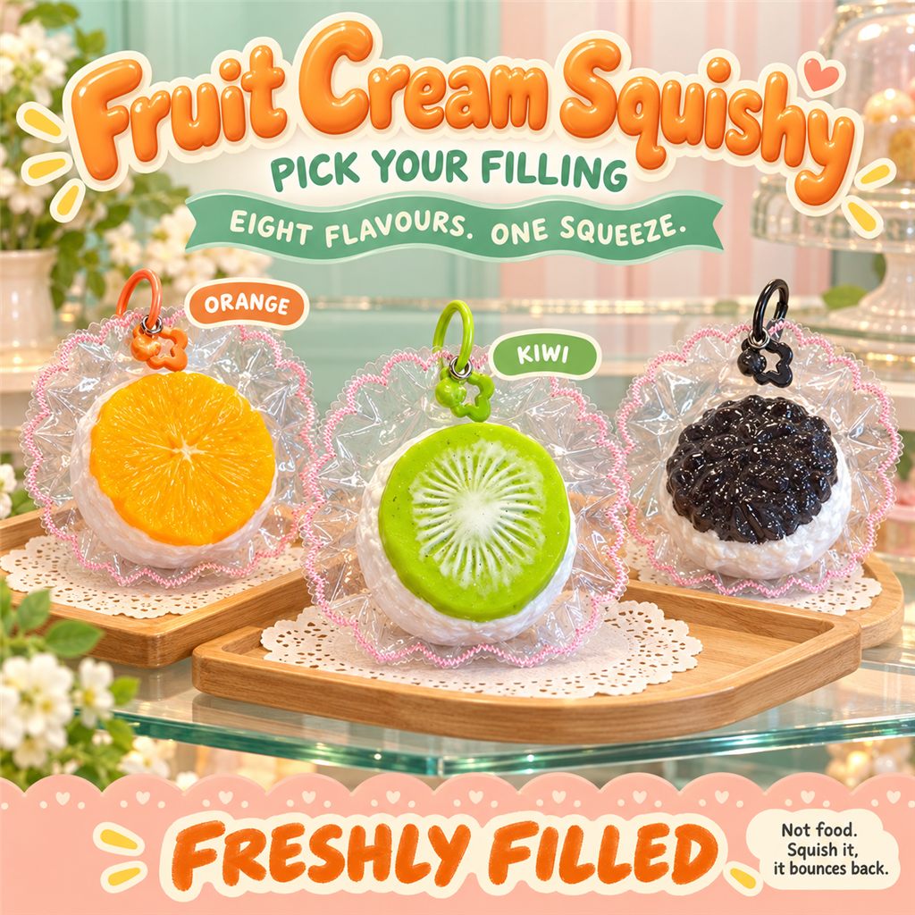 Fruit Cream Squishy poster - orange, kiwi and black glutinous rice mochi-style squishies in clear frilly pouches on a dessert counter