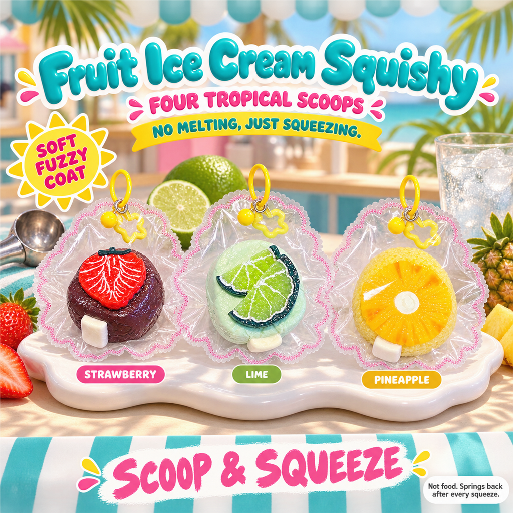 Fruit Ice Cream Squishy poster - strawberry, lime and pineapple mochi ice cream squishies in clear frilly pouches on a tropical parlour counter