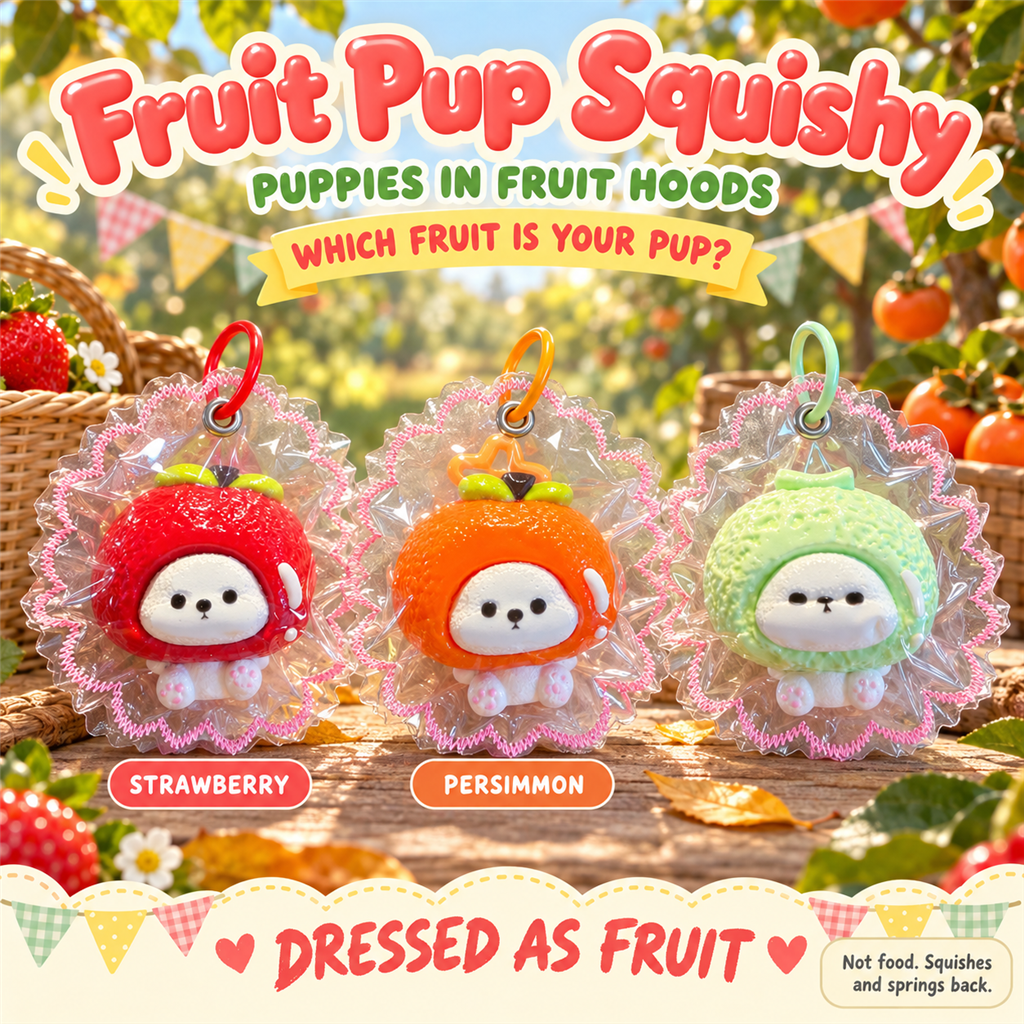 Fruit Pup Squishy poster - white puppy squishies in strawberry, persimmon and melon fruit hoods, each in a clear frilly pouch