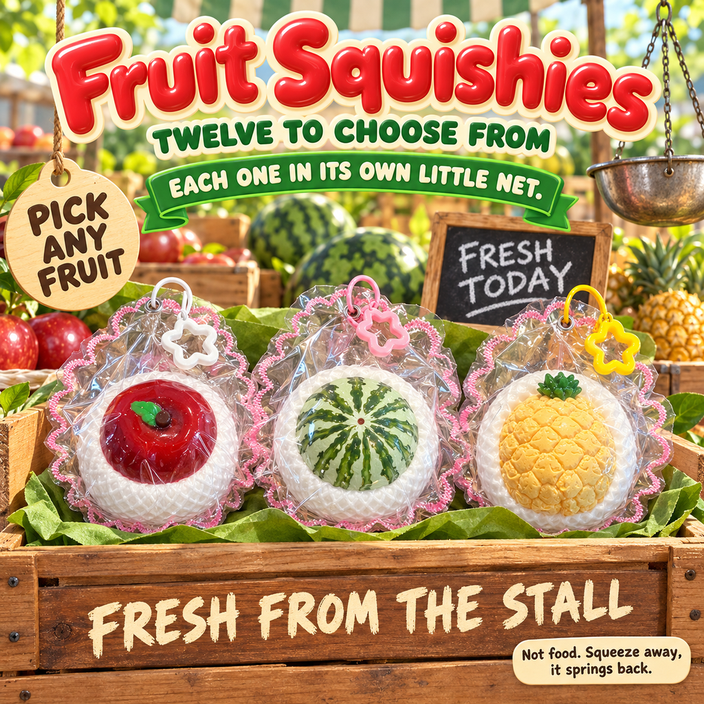 Fruit Squishies poster - apple, watermelon and pineapple squishies in foam net sleeves and clear frilly pouches in a wooden fruit crate