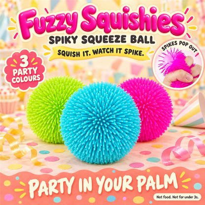 Fuzzy Squishies poster - three spiky puffer squeeze balls in lime green, aqua blue and hot pink on a birthday party table