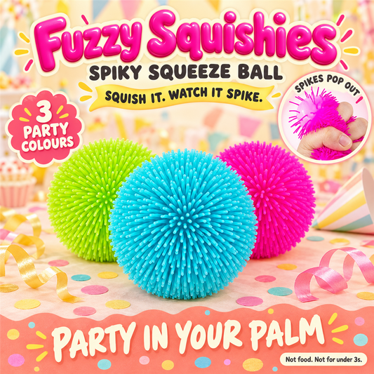 Fuzzy Squishies poster - three spiky puffer squeeze balls in lime green, aqua blue and hot pink on a birthday party table