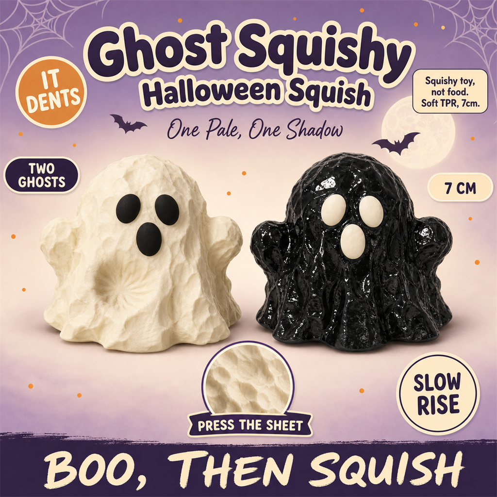 Ghost Squishy - Halloween sheet-ghost squishy toys in cream white and glossy black - S&S Village
