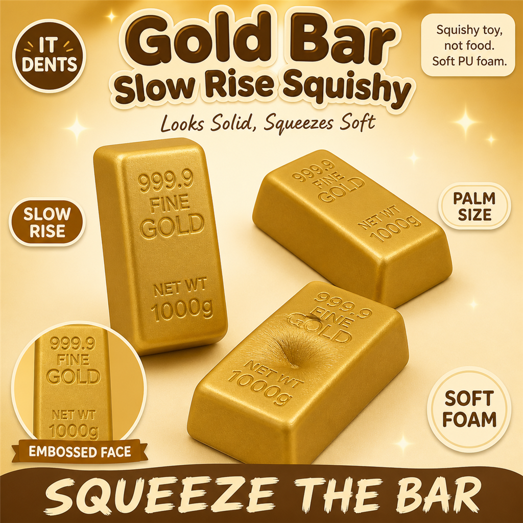 Gold bullion bar squishy in soft PU foam with an embossed 999.9 Fine Gold top face and a thumb dent