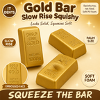 Gold bullion bar squishy in soft PU foam with an embossed 999.9 Fine Gold top face and a thumb dent