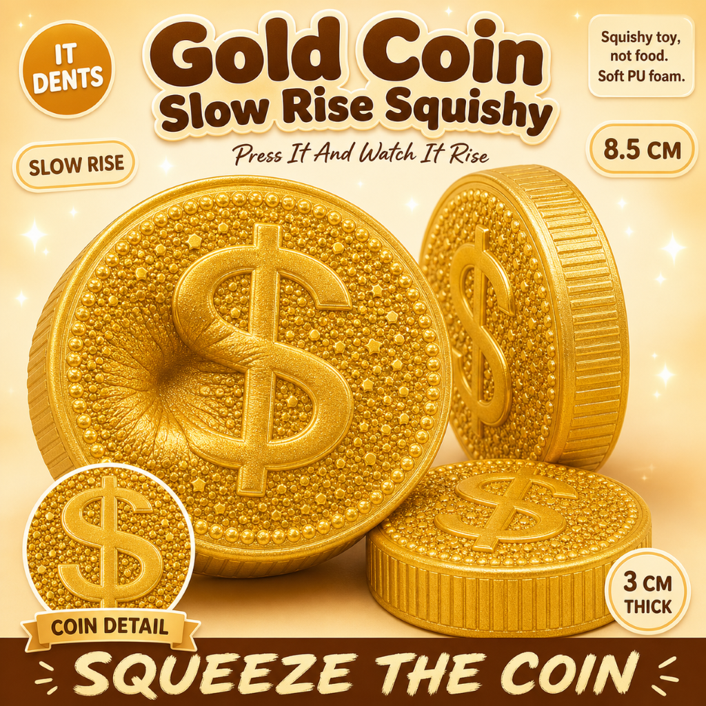 Gold coin squishy in soft PU foam, 8.5cm across and 3cm deep, with a raised dollar sign and milled edge