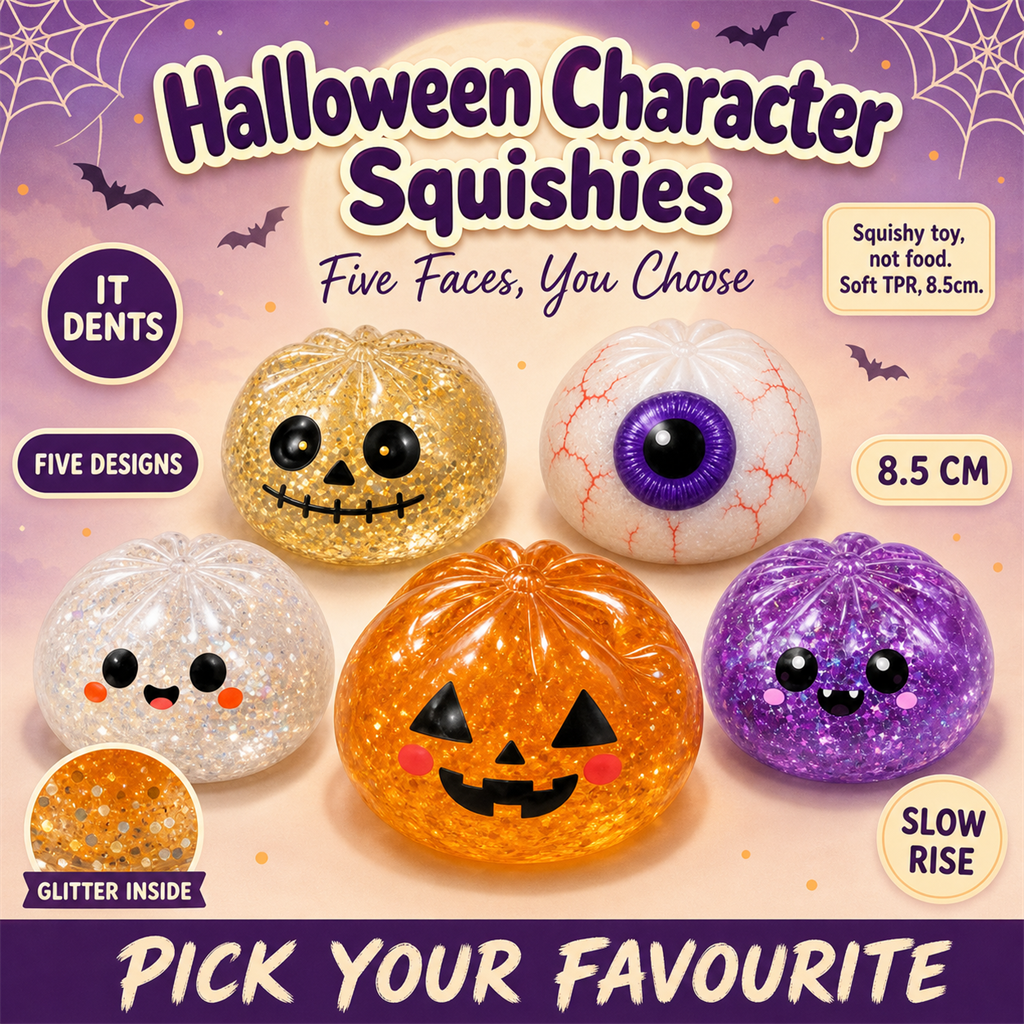 Halloween Character Squishies - pumpkin, skull, eyeball and two ghosts with glitter inside - S&S Village