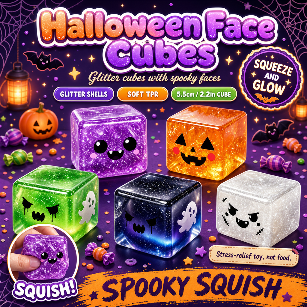 Halloween Face Cube Squishies poster - glitter jelly cubes with spooky faces