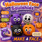 Halloween Face Squishies poster - DIY slow-rise squeeze balls in four colours