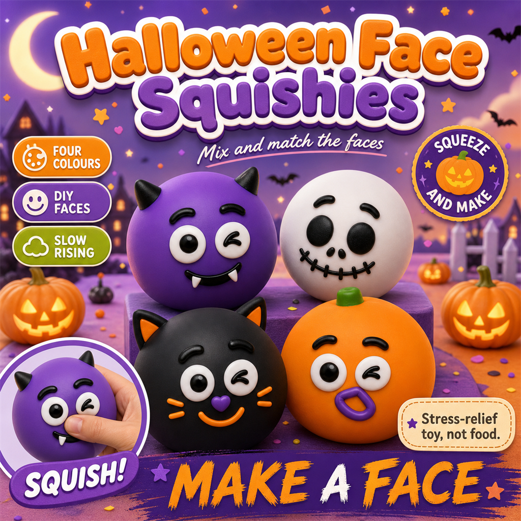 Halloween Face Squishies poster - DIY slow-rise squeeze balls in four colours