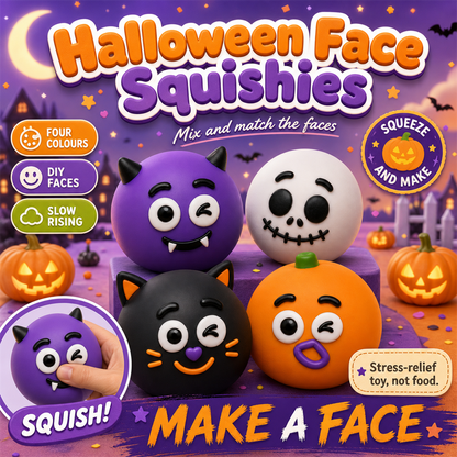 Halloween Face Squishies poster - DIY slow-rise squeeze balls in four colours
