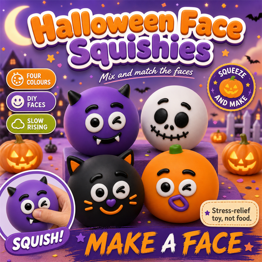 Halloween Face Squishies poster - DIY slow-rise squeeze balls in four colours