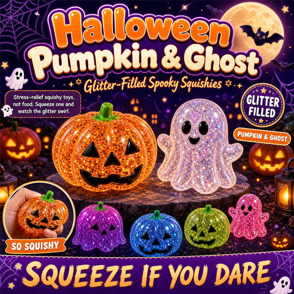 Halloween Pumpkin and Ghost Squishy — glitter-filled jack-o-lantern and ghost stress toys, S&S Village poster