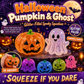 Halloween Pumpkin and Ghost Squishy — glitter-filled jack-o-lantern and ghost stress toys, S&S Village poster