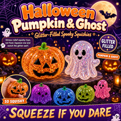 Halloween Pumpkin and Ghost Squishy — glitter-filled jack-o-lantern and ghost stress toys, S&S Village poster