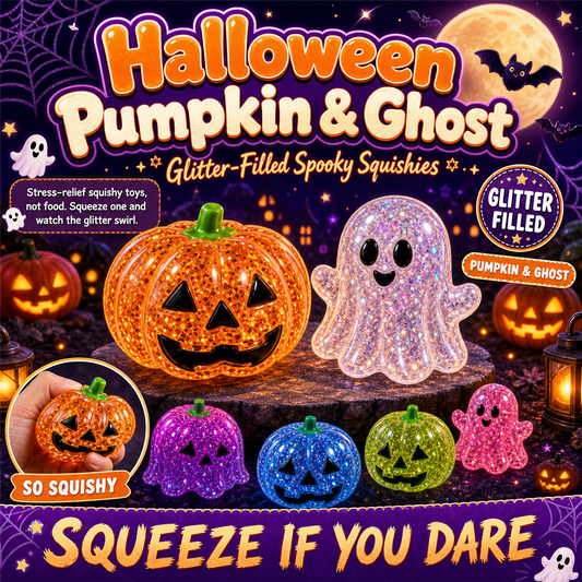 Halloween Pumpkin and Ghost Squishy — glitter-filled jack-o-lantern and ghost stress toys, S&S Village poster
