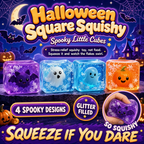 Halloween Square Squishy — spooky jelly cubes with bat, ghost, phantom and pumpkin inside, S&S Village poster