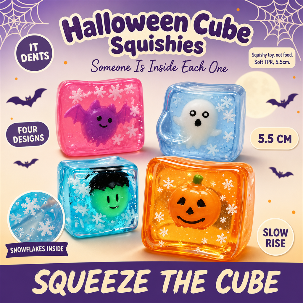 Halloween Cube Squishies: jelly cubes with a bat, ghost, phantom and pumpkin sealed inside