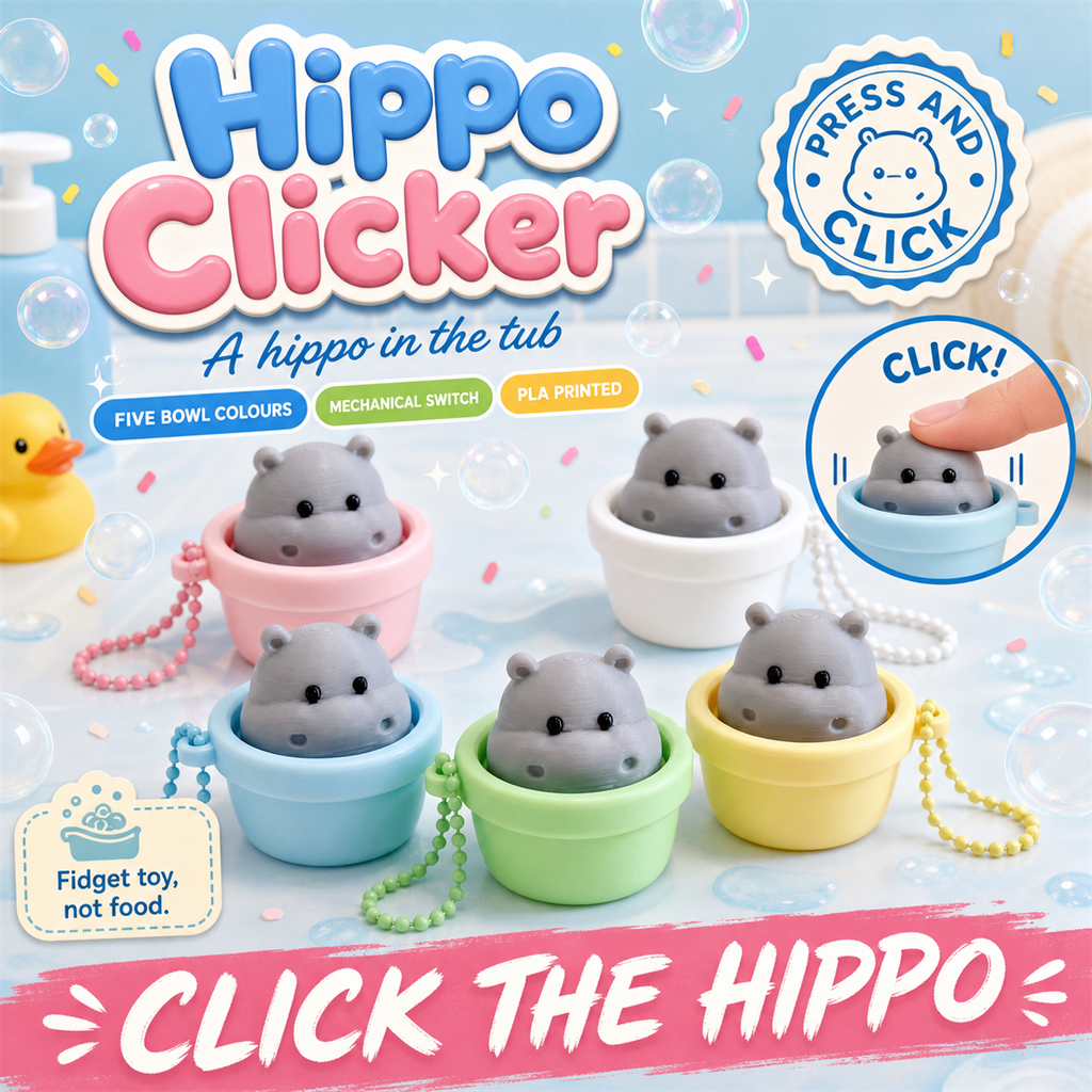 Hippo Clicker poster - 3D-printed hippo bath-bowl clickers in five colours